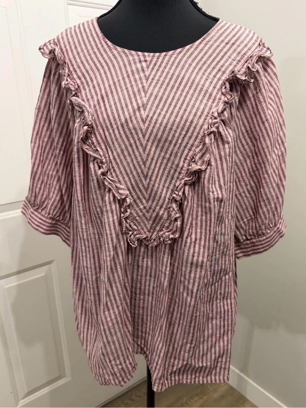 Terra & Sky Pink Striped Ruffle V-Yoke Tunic